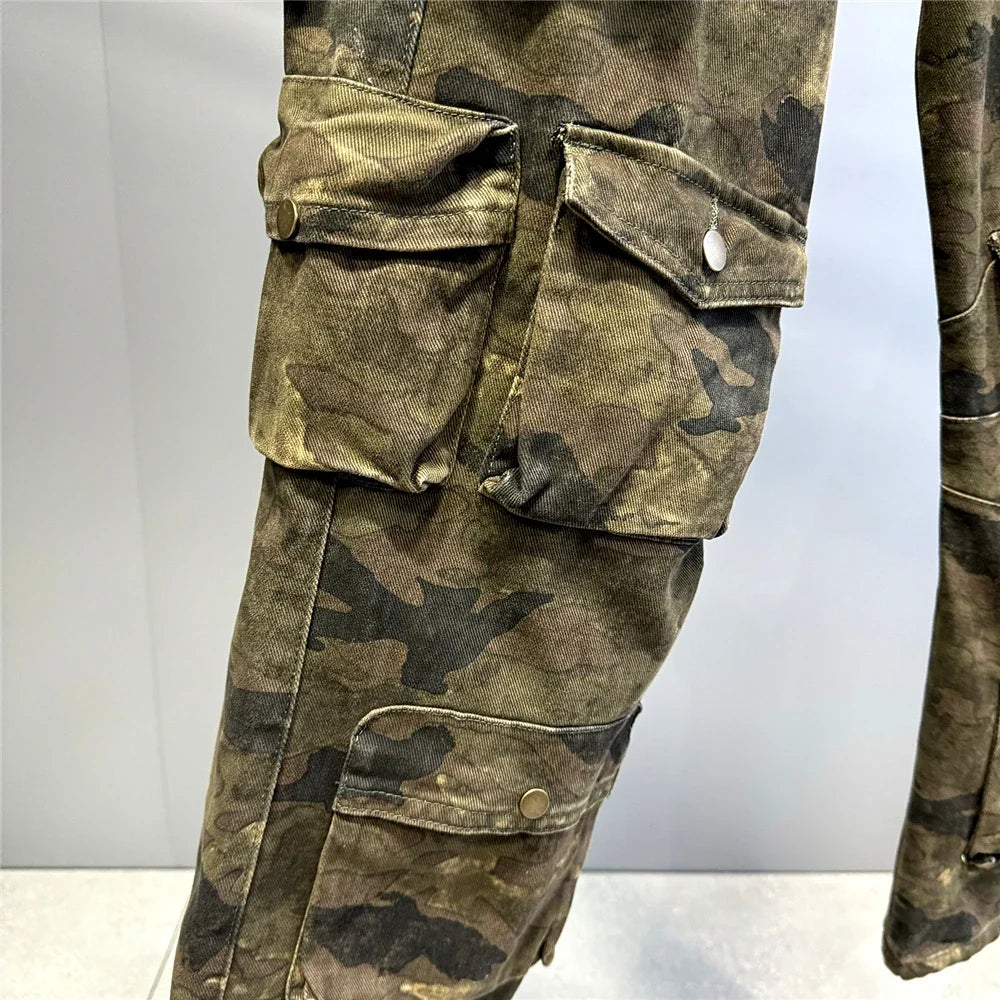 High Quality Vintage Multi-Pocket Camo Cargo Pants Mens Clothing High-End Fabric Tactical Baggy Pants Thick Casual Work Trousers