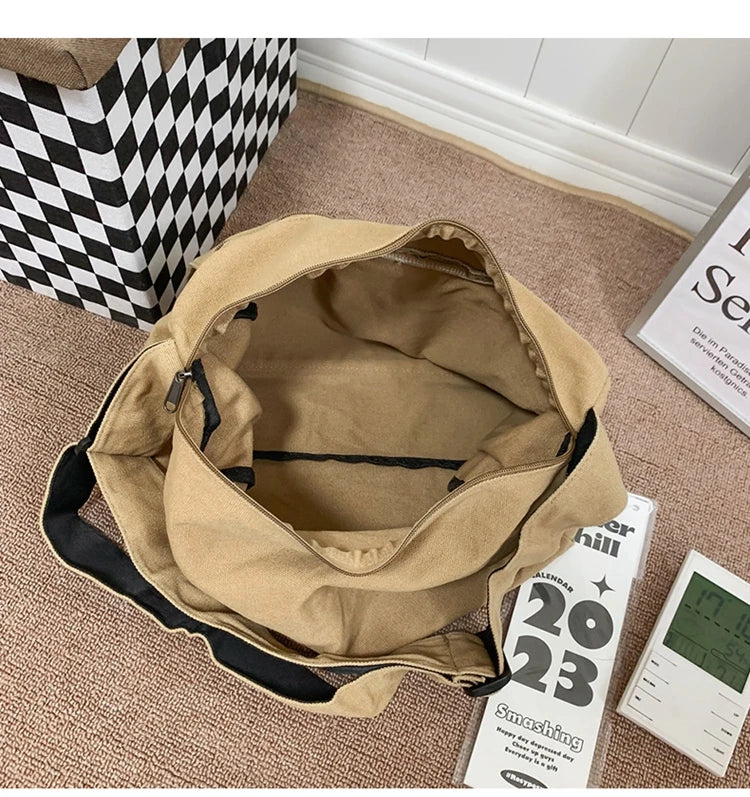 Solid Color Canvas Shoulder Bags Women 100% Cotton Satchels Korea Style Cloth Messenger Bags Large Crossbody Bags Book Packages
