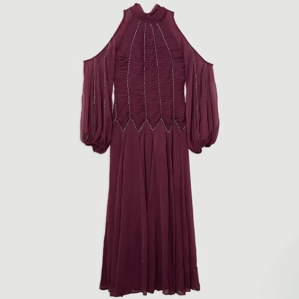 Customized Exquisite Prom Dress Chiffon Pleat Draped Rhinestone A-line High Collar Midi Dresses Occasion Party Gown for Women