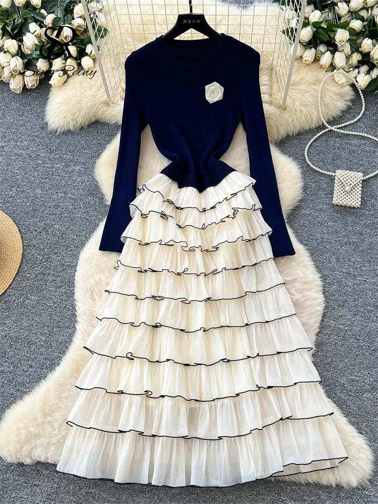 Autumn 3D Floral Spliced Long Dress 2025 Female O Neck Long Sleeves High Quality Slim Luxury Knitted Party Cake Dress