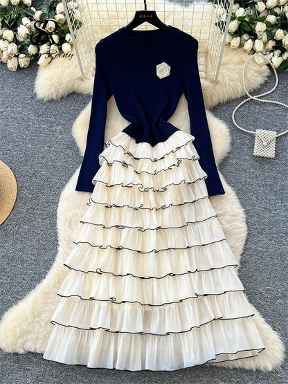 Autumn 3D Floral Spliced Long Dress 2025 Female O Neck Long Sleeves High Quality Slim Luxury Knitted Party Cake Dress