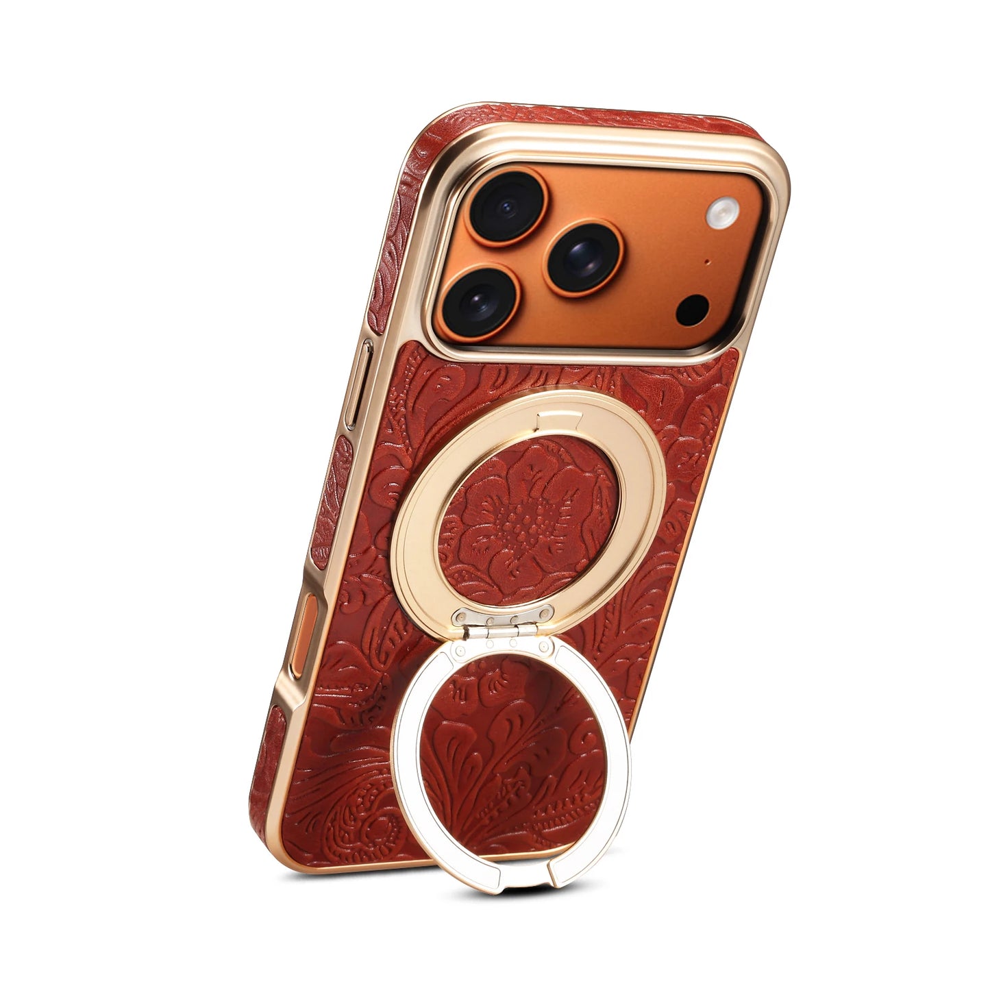 Denior is suitable for iPhone 17/16/15/14/13 Air Pro Max retro printed genuine leather 360 ° rotating bracket phone case