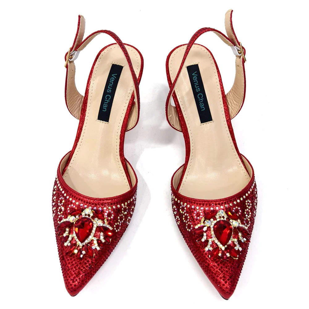 Nigerian Heel Party for Women Red Color Shoes and Bag Set Rhinestone Handbag Italian Design Wedding INS 2024