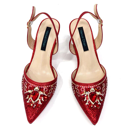 Nigerian Heel Party for Women Red Color Shoes and Bag Set Rhinestone Handbag Italian Design Wedding INS 2024