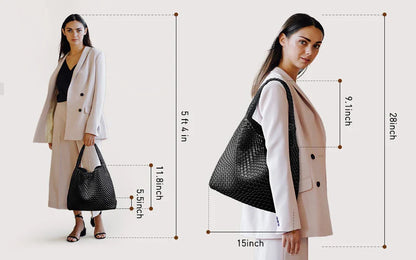 Woven Tote Bag for Women Large Woven Handbag Soft Leather Shoulder Bag Work Shopper Summer Beach Travel Tote Bag with Purse