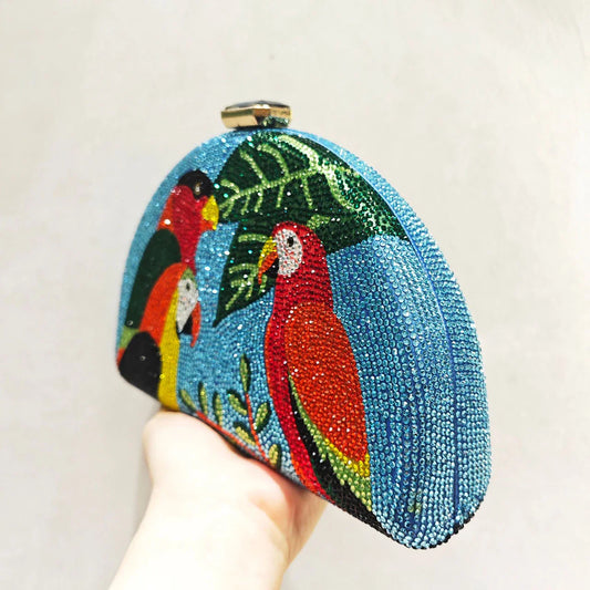 Multicolored Parrot Diamond Evening Bags Women Crystal Clutch Purse Cocktail Prom Bird Party Handbags Rhinestone Shoulder Bag