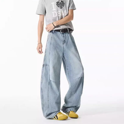 Spring And Summer Retro Blue Curved Knife Jeans Korean Version Men'S Loose Straight Leg Pants Wide Leg Casual Pants