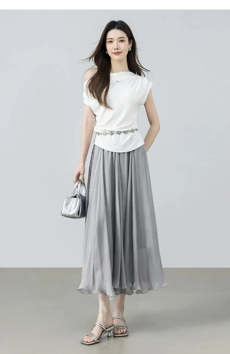 Women's Gray Elegant Skirt 2026 Summer Elastic Waist Sheen Flowy A Line Long Skirt for Woman Ladies Clothes 162QG4909