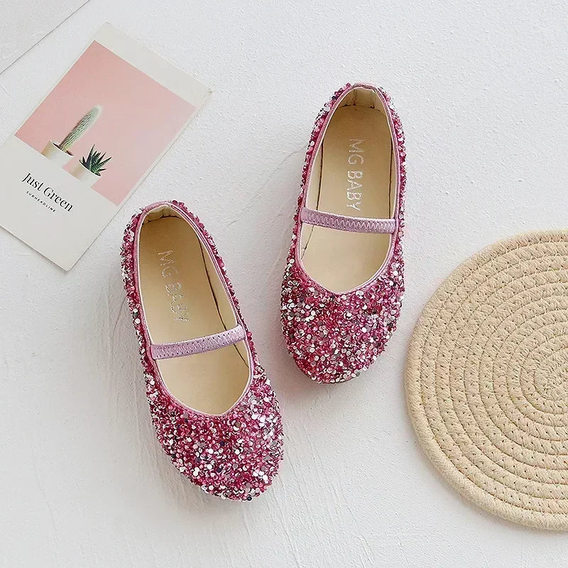 2025 Spring 1 to 12 years old girls dress shoes Beauty Pointed Toe Teen Girl Leather Shoes Bling Princess Wedding Shoes