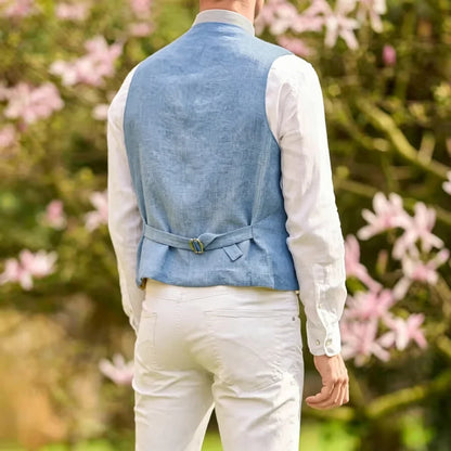 Men's Linen Suit Vest Lapel Sleeveless Summer Linen Waistcoat Single Breasted  For Beach Wedding Holiday Mens Gilet