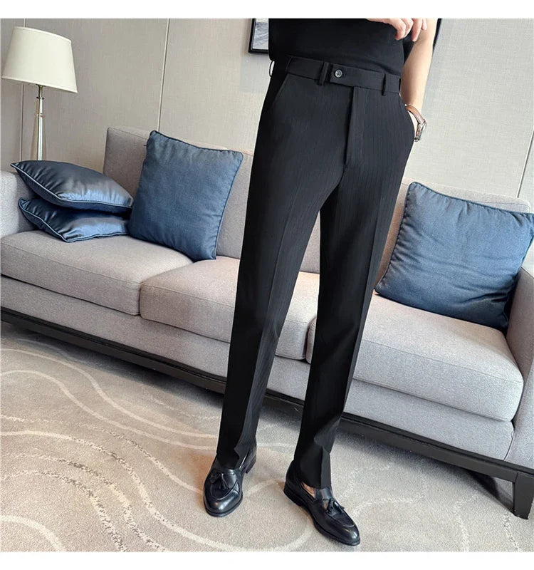 Spring Autumn New Elastic Waist Casual Trousers Male High Waist Dark Striped Slim Fit Pants Men Business Formal Casual Suit Pant