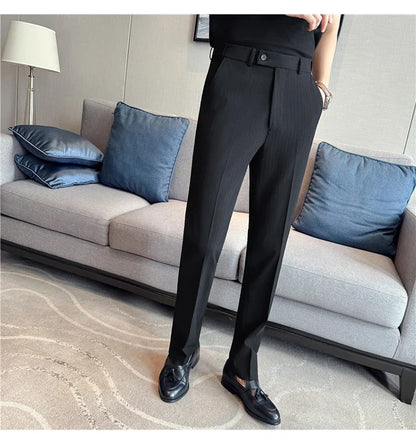 Autumn Winter Thick Suit Pants Men Elastic Waist Business Classic Straight Striped Formal Pants High Quality Slim Fit Trousers
