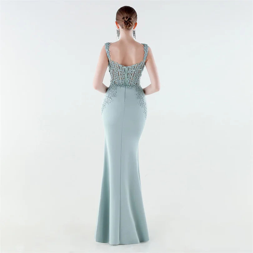 10 Colors Women's Sexy Slit Evening Dress with Appliques Soft Satin Wedding Party Dresses Prom Gowns robe de soiree
