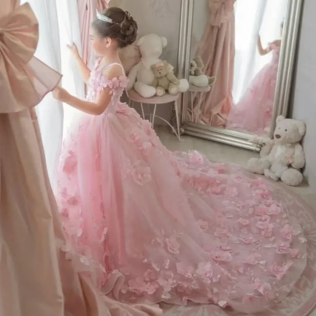 Pink 3d Applique Flower Girl Dress For Wedding Off Shoulder Luxurious Pearls Tulle Child First Eucharistic Birthday Party Dress