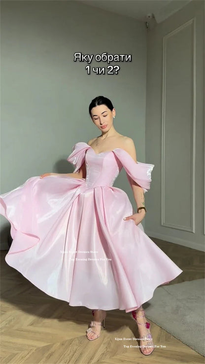 Modern Pink Evening Dresses Off The Shoulder A-Line Birthday Party Dresses Corset Shiny Ankle Length Prom Gowns Customized