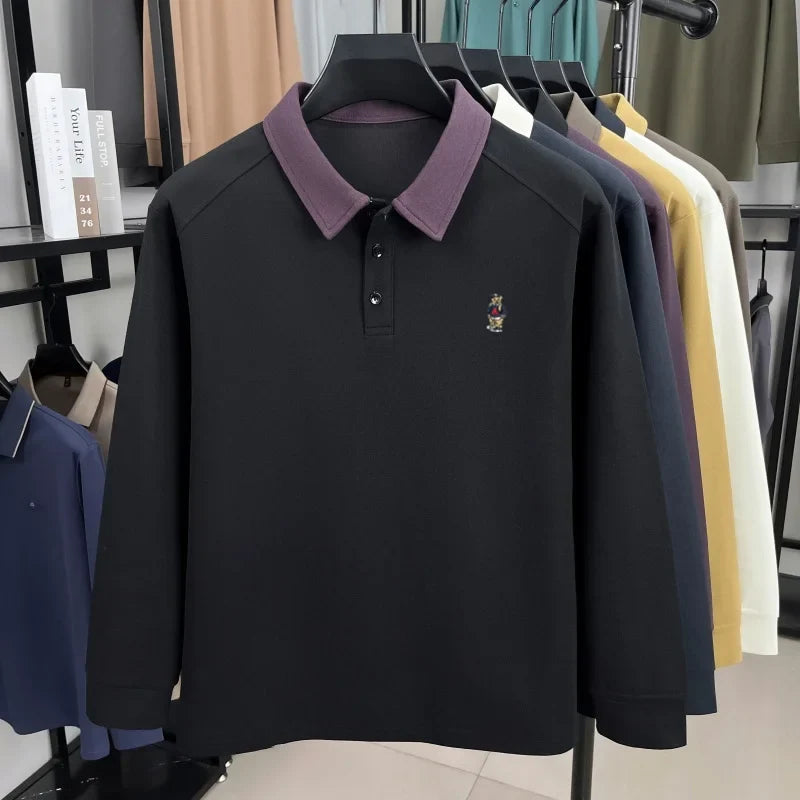 Premium luxury men's long sleeve polo shirt brand cartoon bear embroidery Korean style fashion comfort autumn new lapel T-shirt