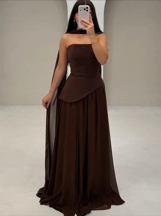 Customized Brown Luxurious Women's Evening Dresses for Special Occasions Tube Top Sleeveless and Backless Prom Dress Party