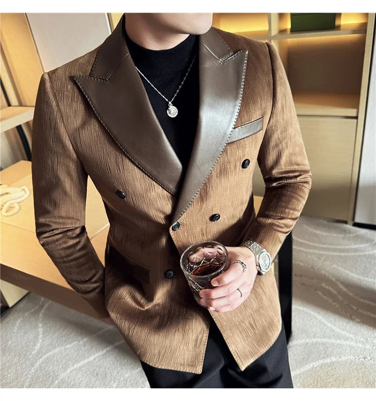 British Style Luxury Men Double Breasted Suit Jacket High Quality Fashion PU Leather Neck Spliced Coats Groom Social Party Dress
