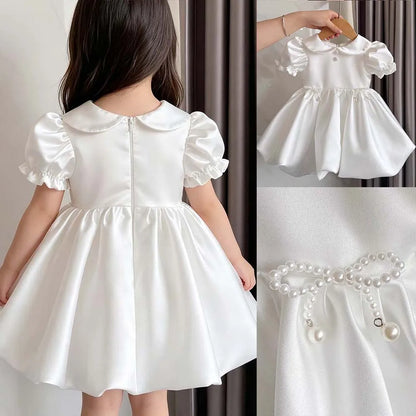 Baby Girls Princess Dress Peter Pan Neck Short Sleeves Flower Girl Dress for Wedding Toddlers Bubble Hem Mini Party Gown Custom