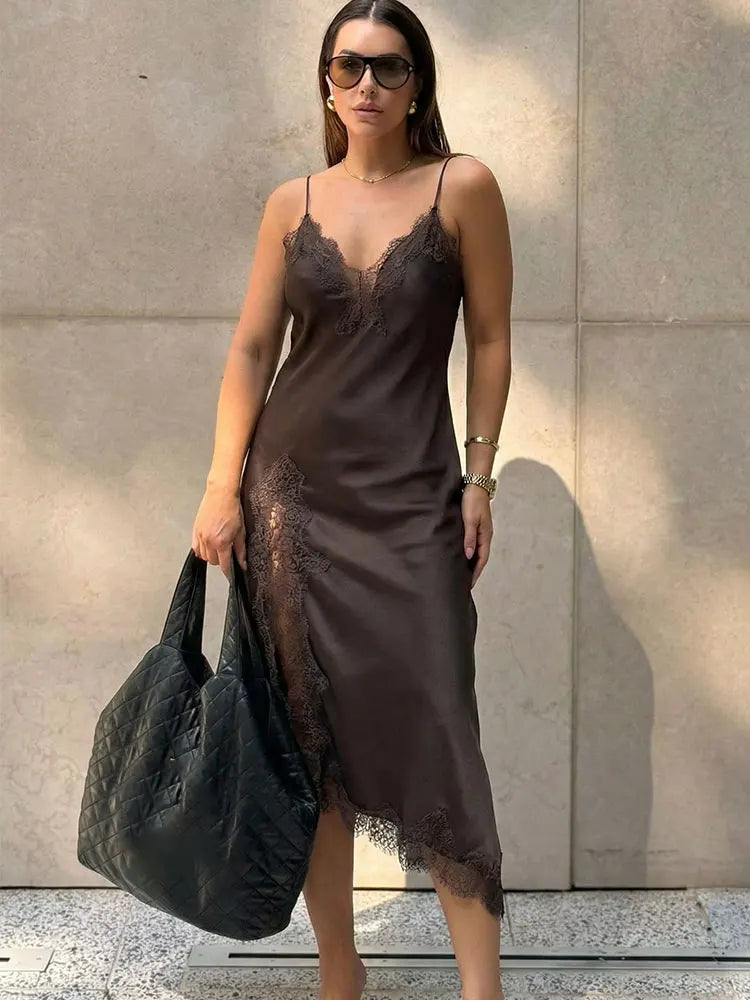 Women Fashion Lace Splicing Satin Texture Long Dress Sexy Backless Sleeveless Dresses Summer Lady Trend Party Evening Dress