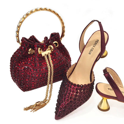 Shoes for Women High Heels 2023 Pointed Luxury Designer Colorful Stones Evening Party Matching Shoes and Bags Sets