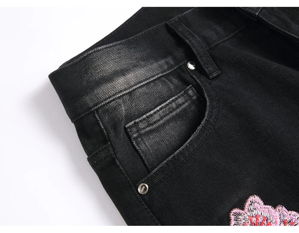 Men Sakura Embroidery Denim Jeans Streetwear Boot Cut Pants Released Hem Flared Trousers with Ripped And Cherry Blossom Design