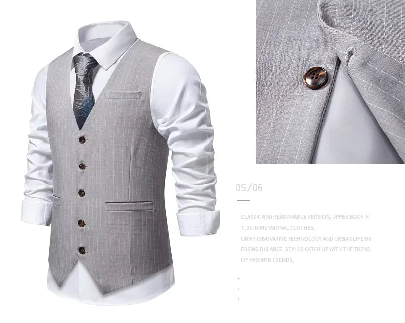 2026 New Red Striped Suit Vest For Men,Fashion Business Formal Wear Casual Khaki/Black Stripes Waistcoats