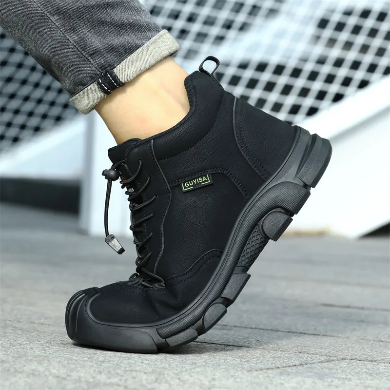 Black Leather Work Safety Shoes Waterproof Indestructible Steel Toe Cap Labor Shoes For Men Breathable Anti Smashing Sneakers
