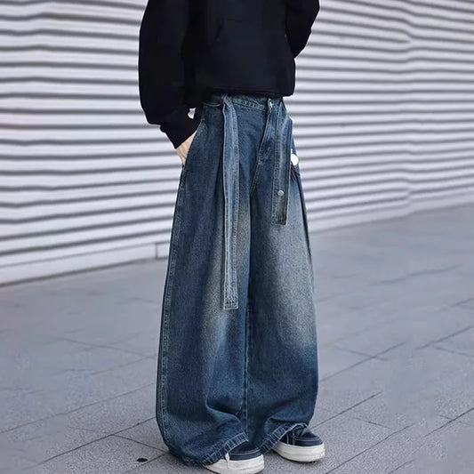 Korean Style Design Belt Jeans Men'S Casual Loose Retro Blue Straight Leg Pants High Street Wide Leg Pants