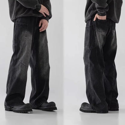 Korean Style Large Pocket Workwear Jeans Retro Blue Men'S Baggy Jeans Straight Leg Pants Casual Wide Leg Pants Casual Pants