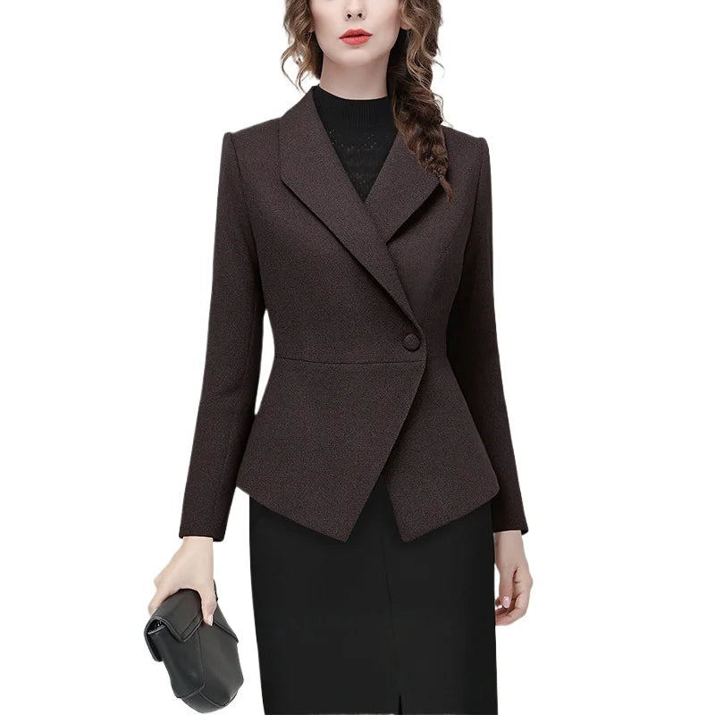 Elegant Lapel Collar Women' Brown Herringbone Tweed Topcoat Slim Short Style Work Office Blazer