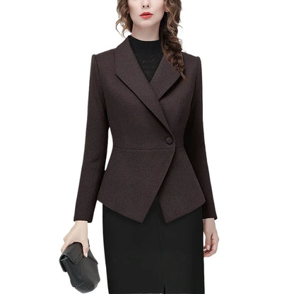 Elegant Lapel Collar Women' Brown Herringbone Tweed Topcoat Slim Short Style Work Office Blazer