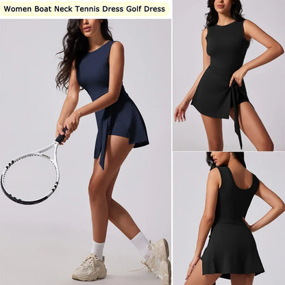 Boat Neck Tennis Dress Golf Dress for Women with Buit-in Short Sleeveless Backless Sarong Wrap Active Dress Workout Romper Dress