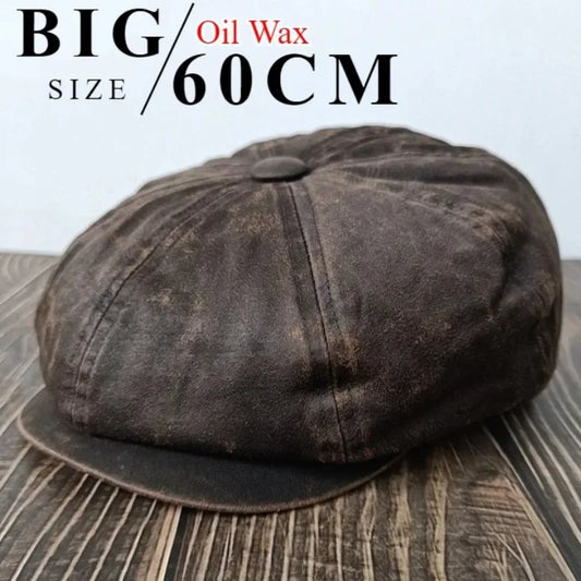 Retro Oil Wax Newsboy Caps Man Big Head XL60cm Windproof Beret Four Seasons Large Size Work Clothes Wear-resistant Octagonal Cap