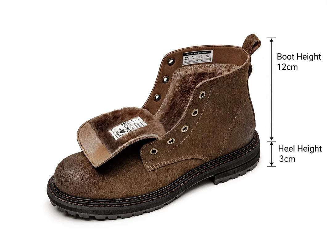 Maden Retro Fleece-lined Split Suede Boots High-Top Work Boots Lace-Up Desert Ankle Rugged Sole Boots Outdoor Winter Fall Shoes