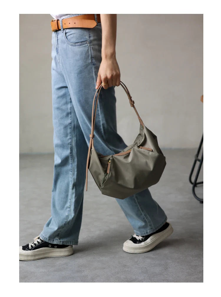 Lightweight Nylon Matching Genuine Leather Crossbody Bag High Quality Single Shoulder Bags Fashion Pleated Messenger Purses