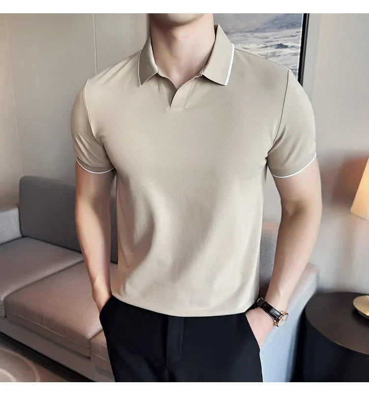 Business Casual Solid Color Men's Polo Shirt, 2024 Summer Classic, Men Short Sleeve V-neck T-shirt, Slim Fit Spliced Polo 4XL-M