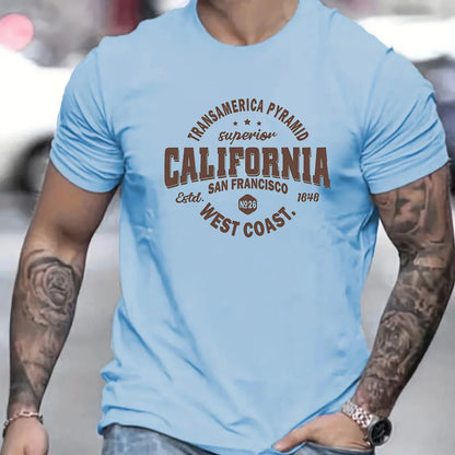 Men's 100% cotton casual sports loose fit California West Coast print round neck short sleeved T-shirt top
