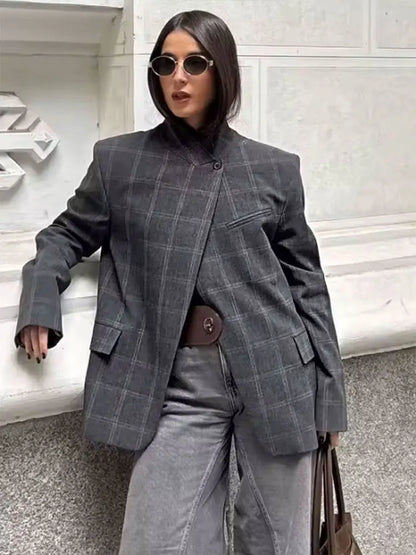 Women Fashion Plaid Blazer Coat Stand Collar Long Sleeve Jacket 2026 Spring Trend Casual Office Lady Chic Outerwear