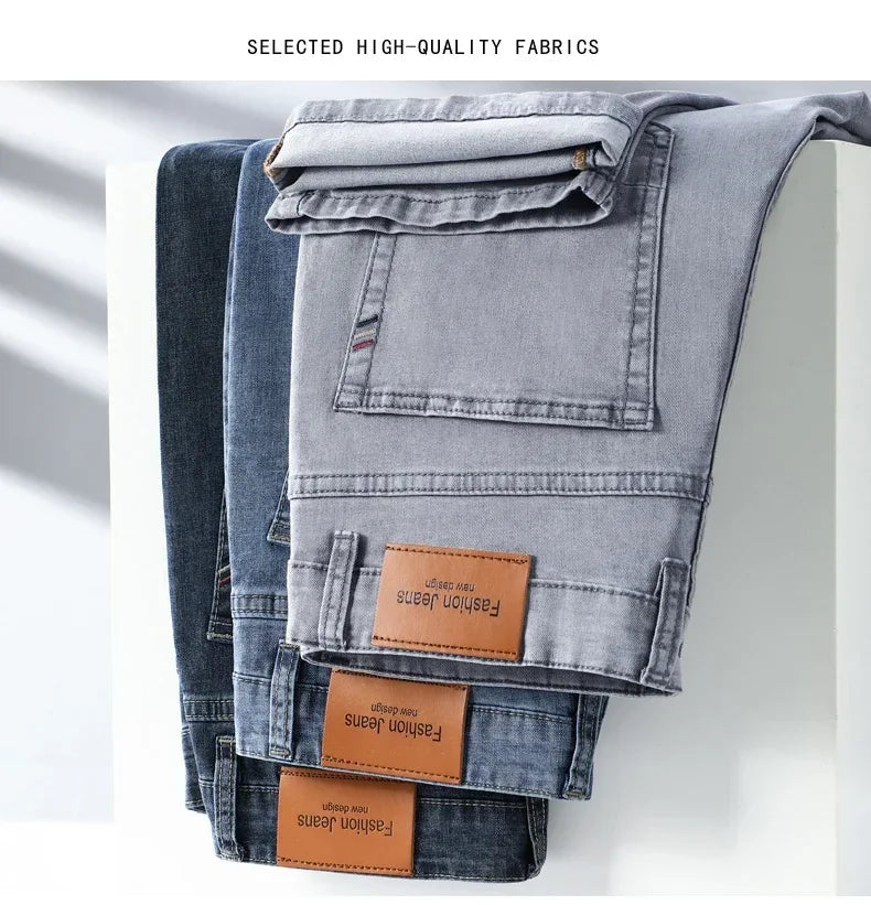 Summer Brand Men's Fit Straight Lightweight Cotton Stretch Jeans Business Casual High Waist Thin Light Grey Jeans mens pants