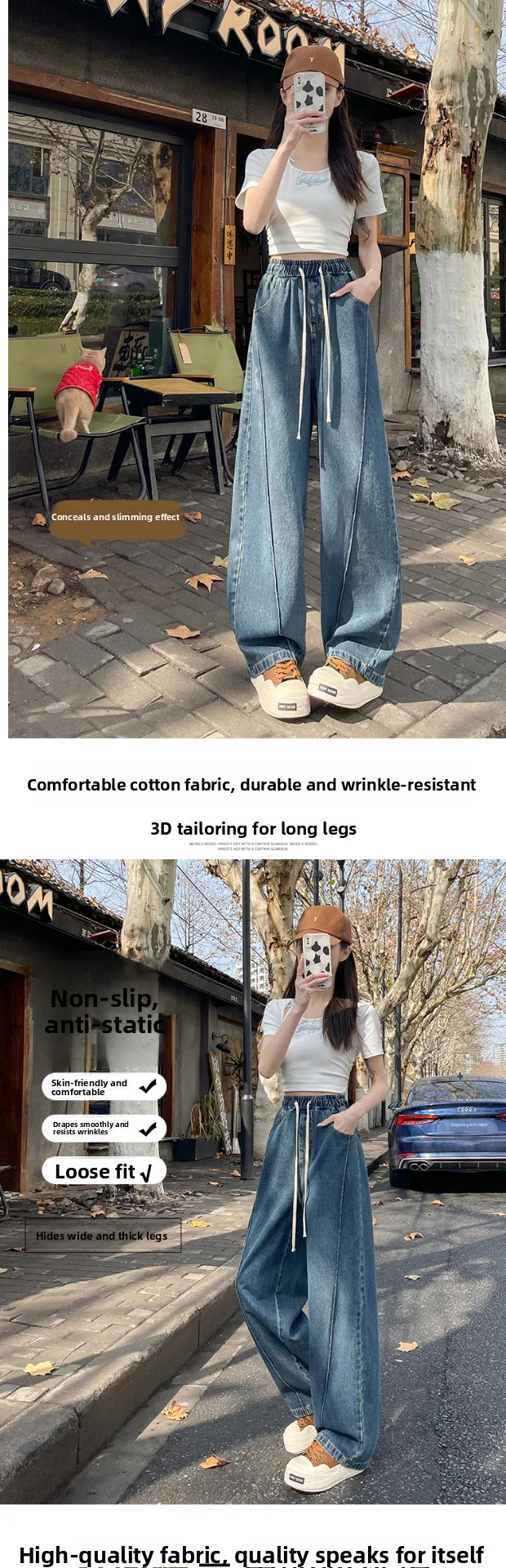 High Waist Wide Leg Jeans Women's Loose Fit Dstring Elastic Waist Long Trousers Blue Denim Spring Season Faion plus Size
