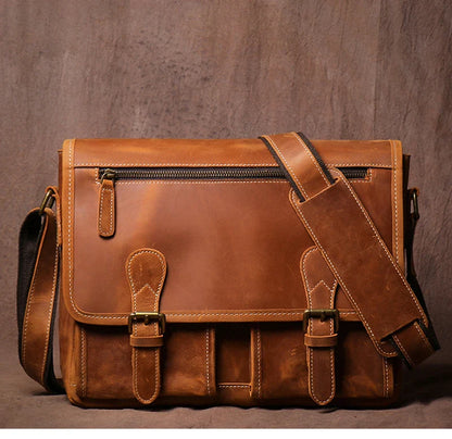 Vintage Crazy Horse Leather Messenger Bag Men's Genuine Luxury Sling Shoulder Bag Office Briefcase Crossbody 12.9 Inch Ipad