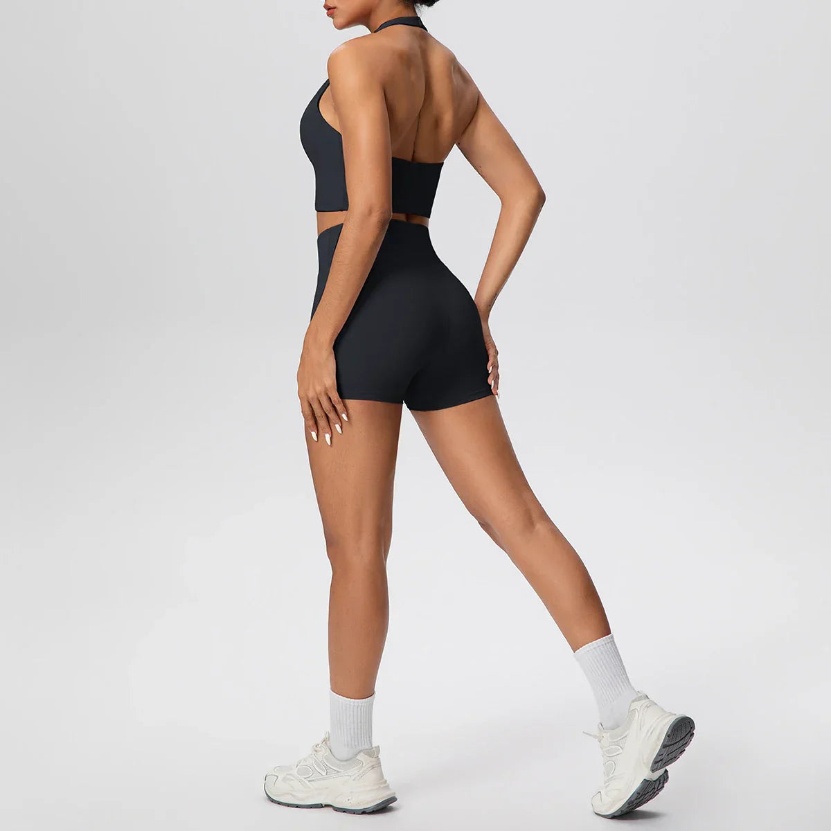 2picese Women Yoga Suit Solid Color High Waist Hip Push Up Fitness Shorts Sexy Pilates Backless Gym Hanging Neck Bra Yoga Set