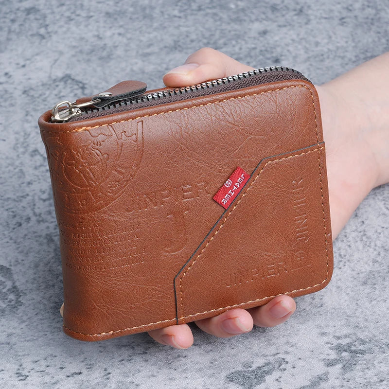 Casual Men's Leather Wallet Short Bifold Wholesale Coin Purse Zipper Pocket Cross-Border Popular Hard Cover Money Holder