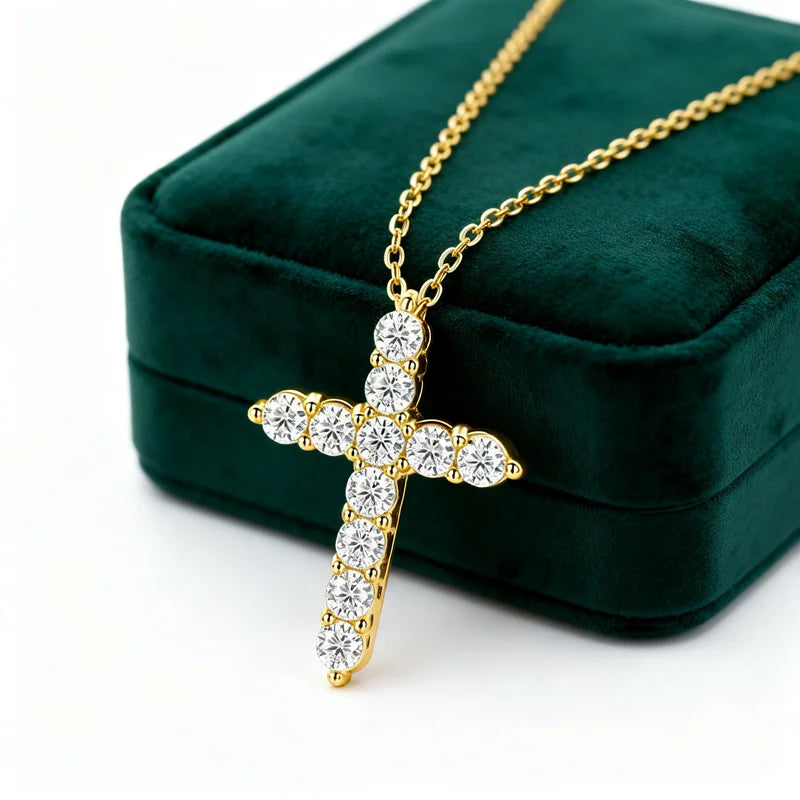 Certified 3.5MM Moissanite Necklace 14K Gold Filled Cross Pendant Necklace for Women Europe and America Vintage Jewelry