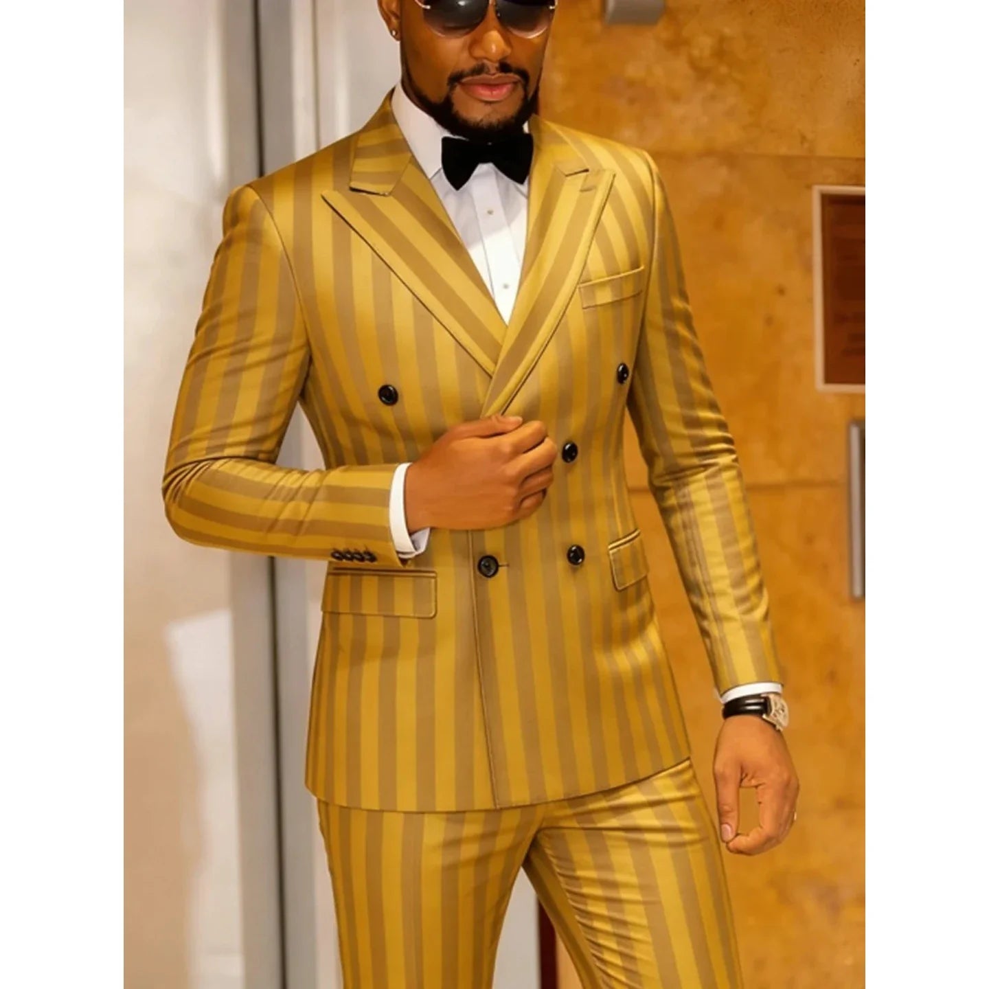 Men's 2 Piece Suit Set Slim Fit Double Breasted Peak Lapel Jacket Pants Elastic Waist Formal Wedding Prom Tuxedo Rayon Blend