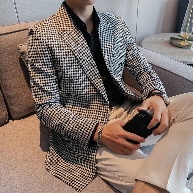 British Style Slim Fit Houndstooth Blazer For Men 2023 Fashion Double Breasted Business Office Wedding Dress Suit Jacket