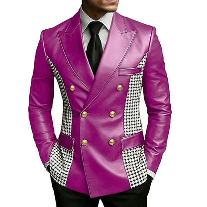 Men’s Brown Leather Blazer With Houndstooth Sides Vintage Two-Tone Double Breasted Slim Fit Gold Buttons Leather Tuxedo Jacket