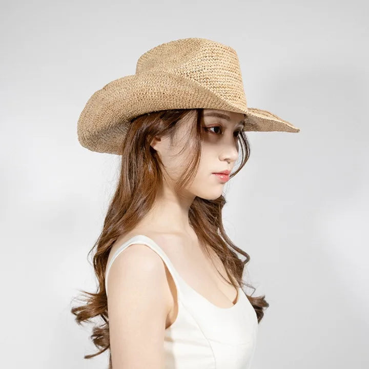 Hand-crocheted Natural Raffia Straw Cowboy Hat for Women Men Summer Wide Brim Sun Hat Outdoor Breathable Beach Caps