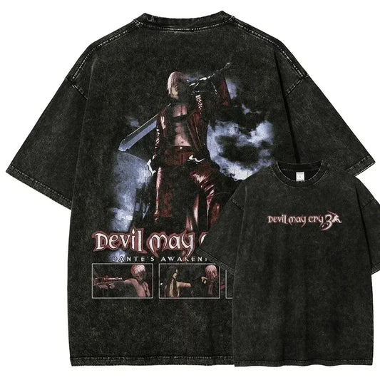 Devil May Cry 3 Dante Awakening Vintage Washed Tee, Double Sided Design, Front Dante Character Game Title Women And Men T-Shirt
